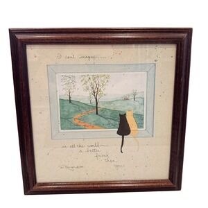 D Morgan 1990 Framed Art Print Cats Looking Out Window Country Scene Quote
